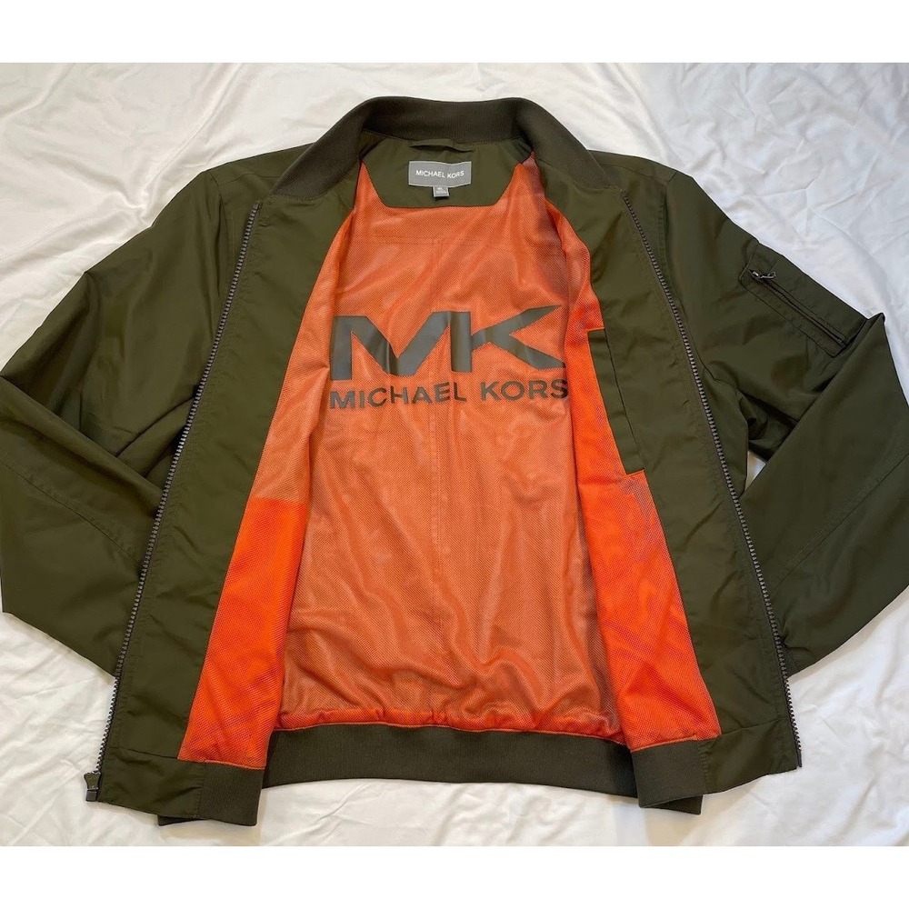 Michael Kors Men's Olive Green Bomber Jacket Orange Lining XL